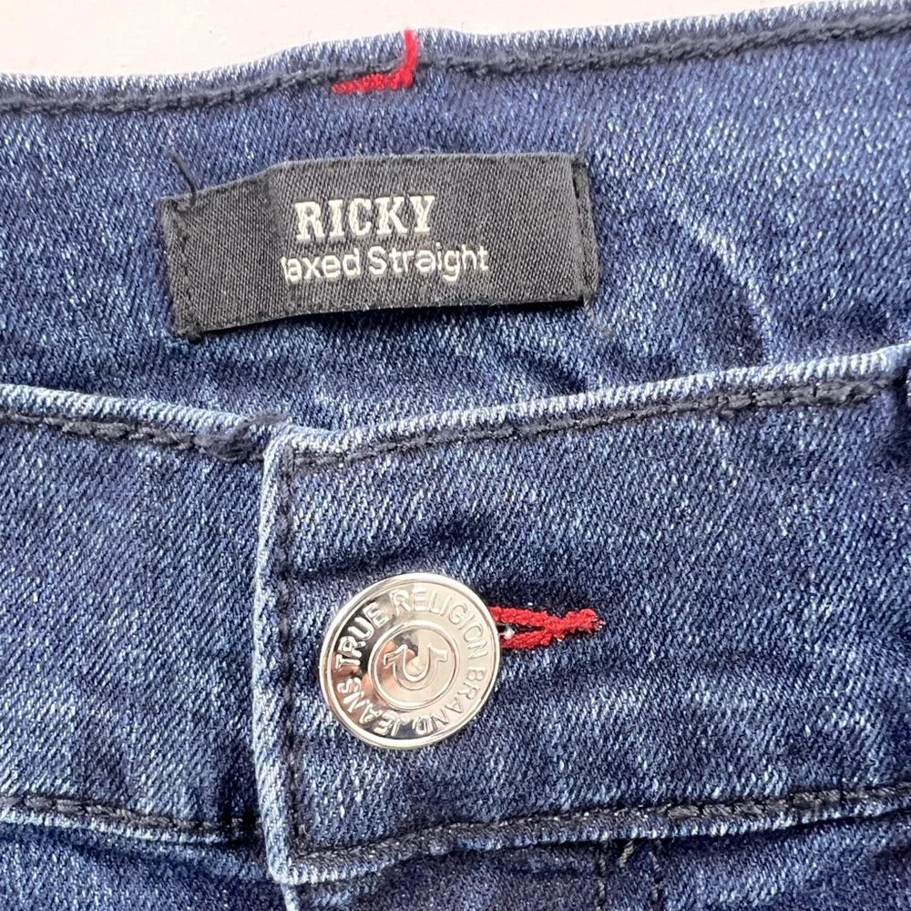 TRUE RELIGION JEANS, RICKY RELAXED STRAIGHT, DARK INDIGO BLASTER, W 33, L34